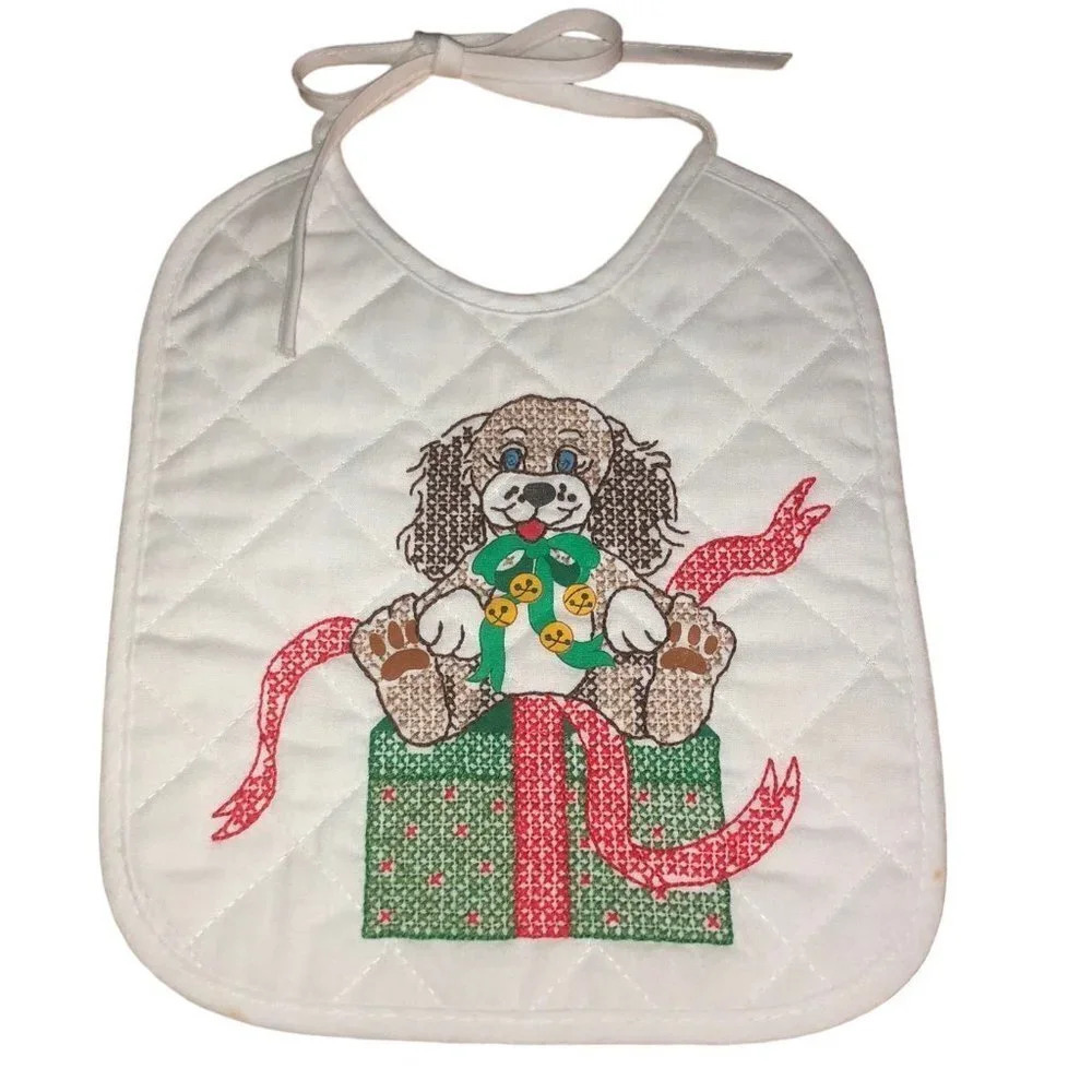 CHILD'S BIB Handmade Christmas Dog & Presnt Embroidered Cross Stitch Quilted Tie